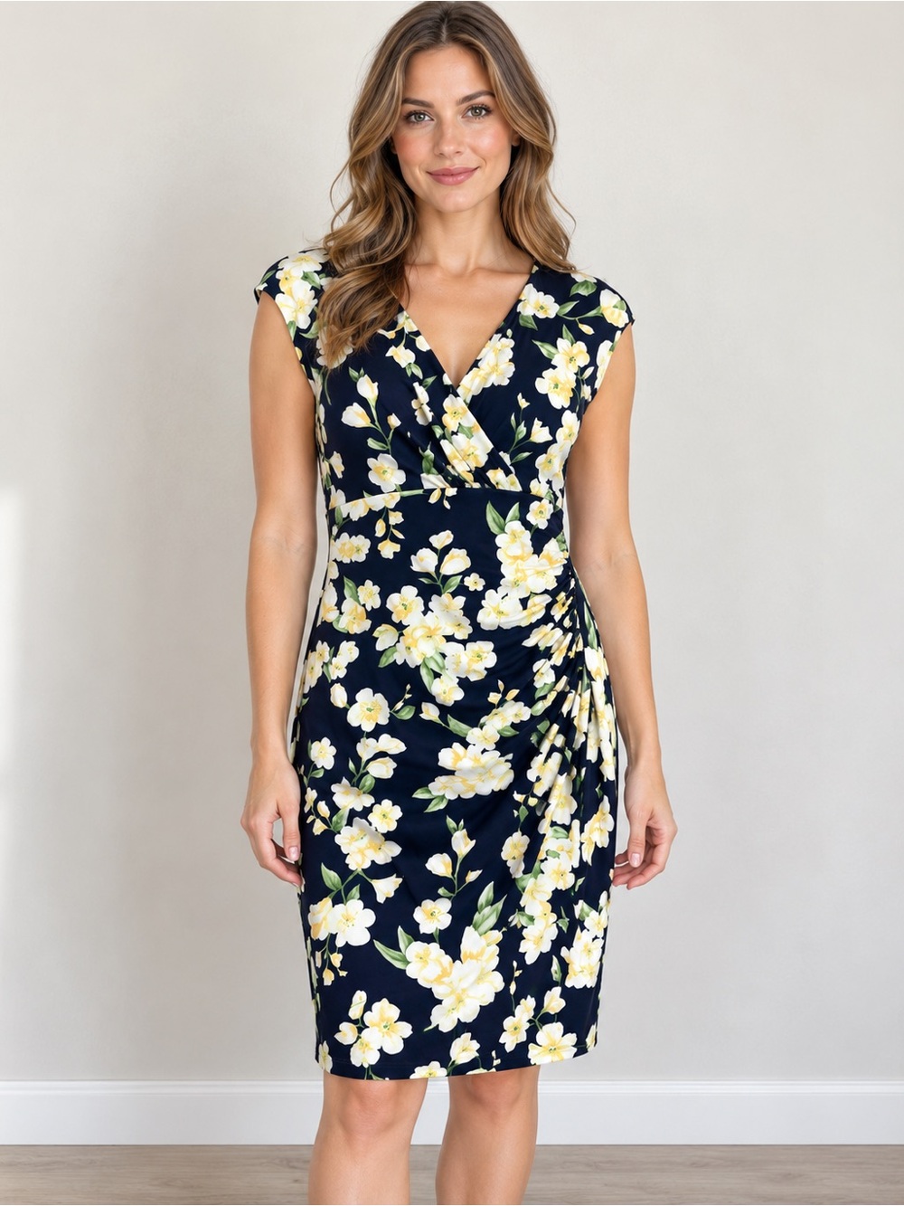Lauren Ralph Lauren black yellow floral sheath sleeveless dress size 8